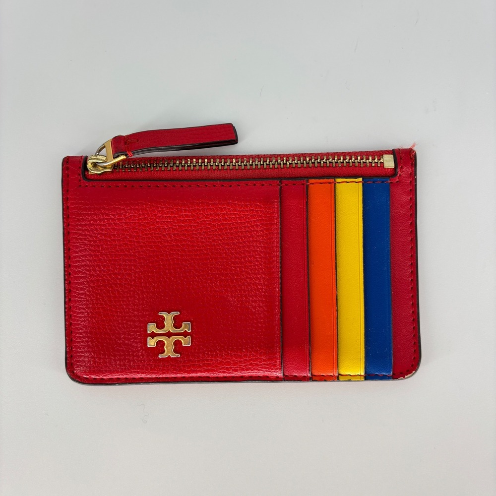 Tory Burch Kira Slim Card Case Red Multicolor Women Size One Size Leather Wallet